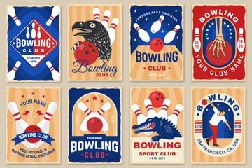Bowling sports club flyer, poster, banner design. Vintage design with professional bowling player, eagle, crocodile, skeleton hand, bowling pins and ball silhouette. Vector.