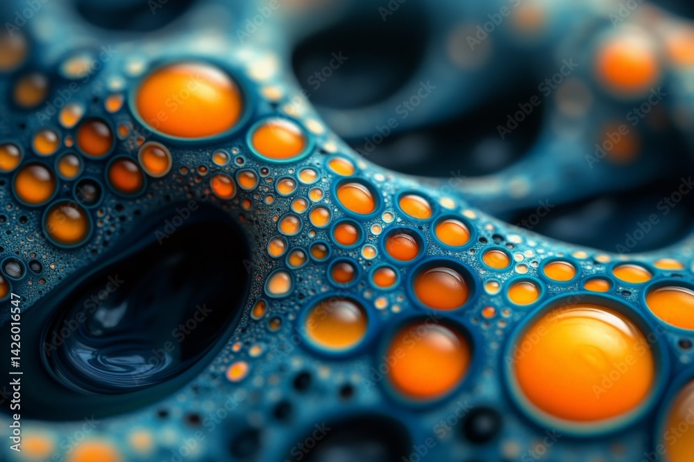 Poster Colorful bubbles floating on a textured surface create an abstract visual display with vibrant orange and deep blue tones