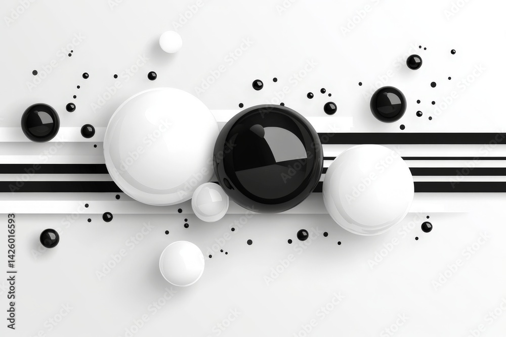 Poster abstract arrangement of black and white spheres with stripes on a light background enhancing modern 