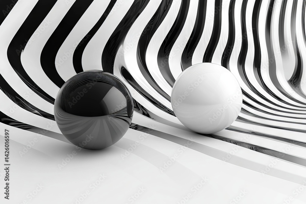 Poster Striking contrast of black and white spheres on flowing striped background with dynamic lines in a minimalistic setting