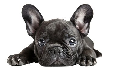 Black dog with floppy ears lays on transparent or white background