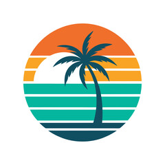 Fototapeta premium retro vintage sunset sea wave striped vector art silhouette