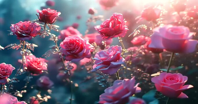 Vibrant pink roses blooming in a serene garden setting