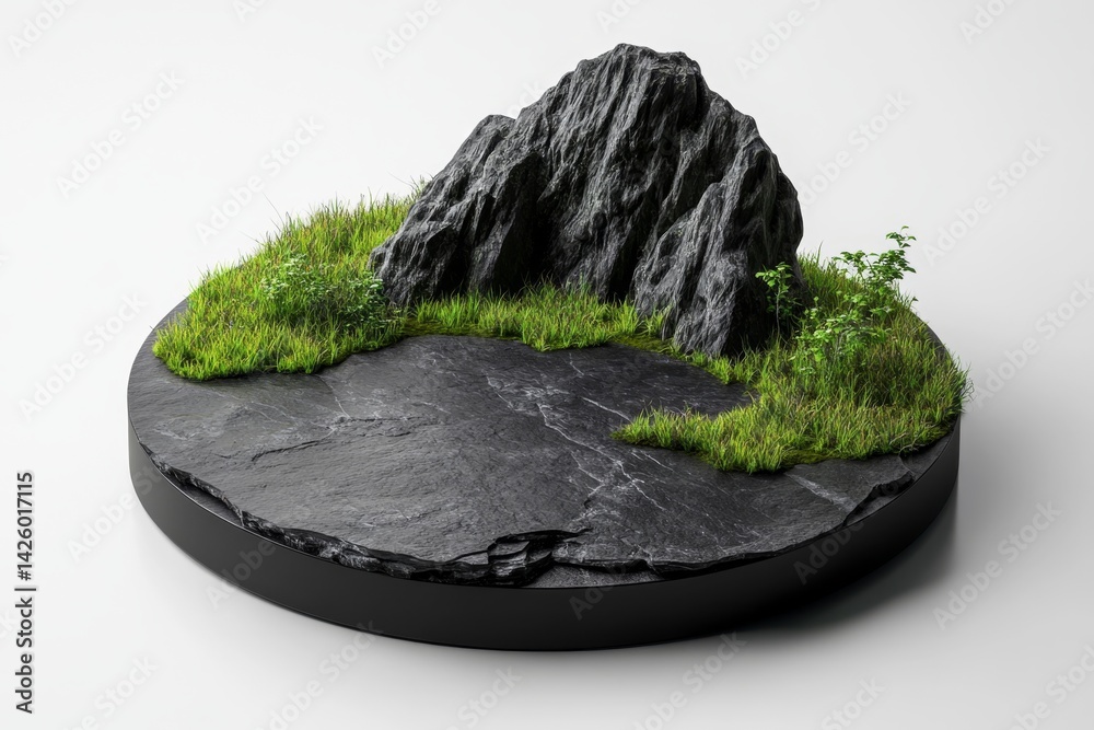 Poster white background, podium with grass and rocks for product presentation. mockup template of empty spa