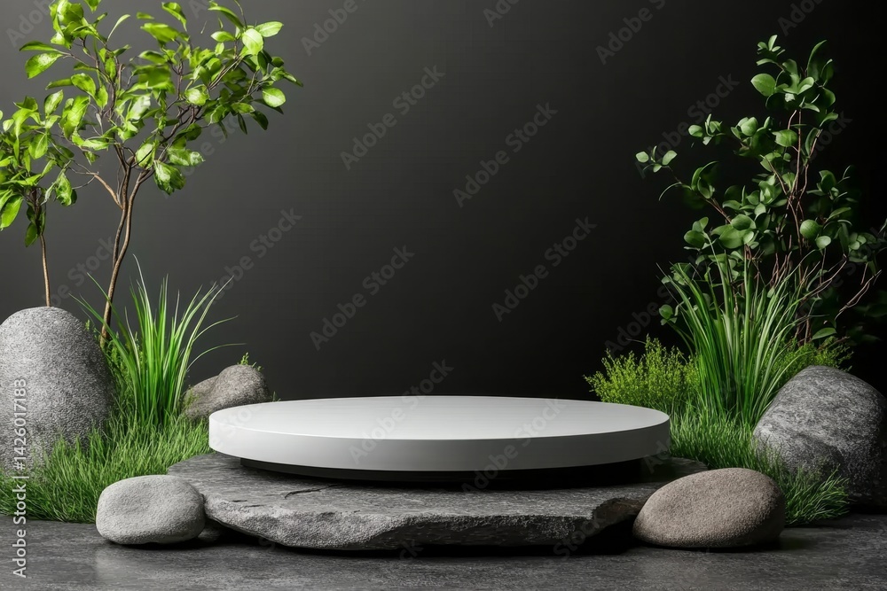 Poster white background, podium with grass and rocks for product presentation. mockup template of empty spa