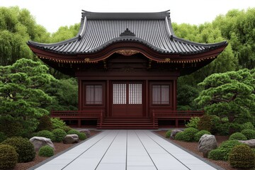 Obraz premium a 2D cartoon illustration of a Japanese pagoda with curved roofs, traditional and beautiful, white background