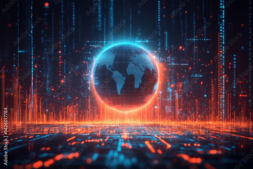 Poster Digital representation of planet Earth surrounded by neon lights and data streams conveying a futuristic technological vibe