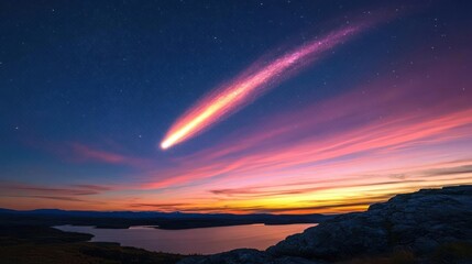 Fototapeta premium Stunning celestial display of a vibrant comet streaking across a vibrant sunset over a serene lake