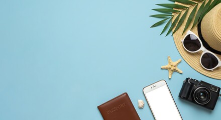 Beach Vacation Essentials Arranged on Light Blue Backdrop: Straw Hat, Sunglasses, Passport, Camera, Phone, Starfish in a Flat Lay Composition for Travel Planning Content and Promotion