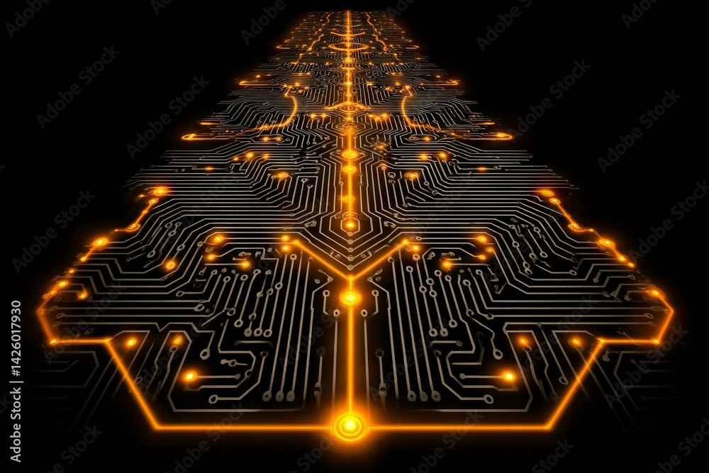 Poster Circuit board design with glowing pathways in a dark setting emphasizing technology and innovation