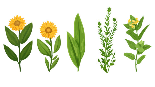 CARTOON CALENDULA CHAMOLIE ALOE MINT LEAF ON WHITE BACKGROUND