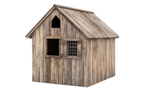 Small, old wooden house with a slanted roof on transparent or white background