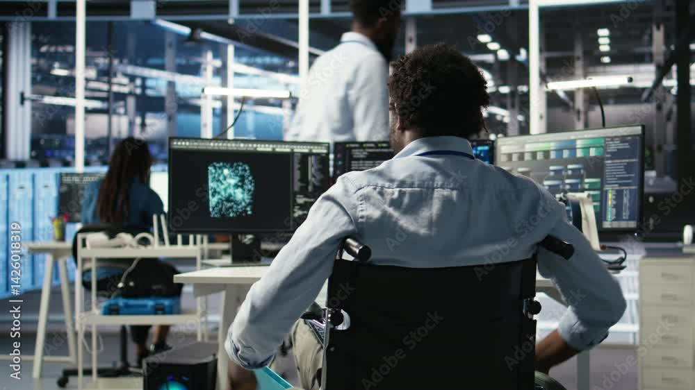 Poster server hub programmer with paraplegia in wheelchair uses ai machine learning node tree software. man