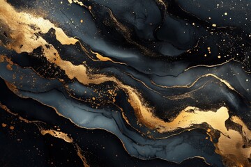 Elegant black and gold abstract design featuring fluid shapes and textures in a sophisticated layout