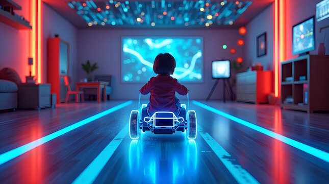 Kind spielt holografisches Autorennen im futuristischen Kinderzimmer - Zukunftsblick