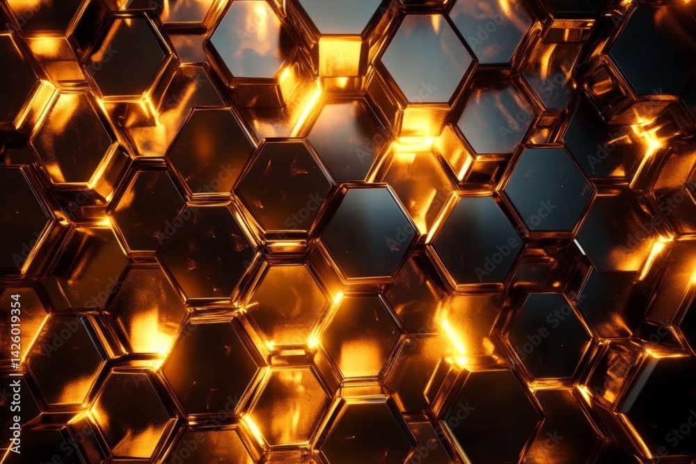 Poster Intricate hexagonal patterns reflect warm golden light in a modern artistic design