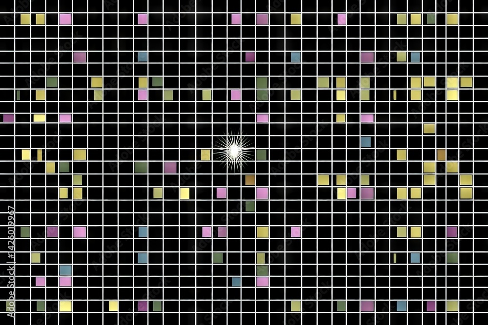 Poster Colorful abstract grid pattern with bright central starburst and random color squares at a modern art exhibition