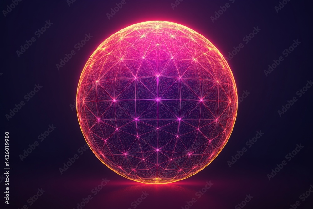 Poster vibrant geometric sphere illuminated with neon colors in an abstract digital space
