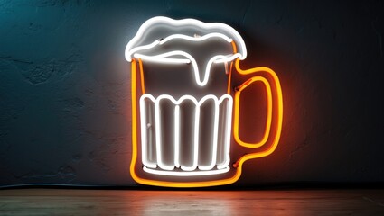 Modern white and orange neon beer sign with tropical plant design for summer vibe