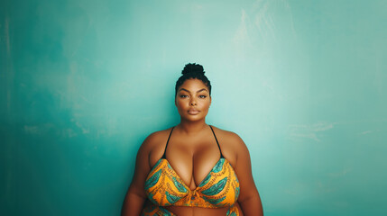 Obraz premium Plus-size woman in a bold yellow and teal bikini poses against a blue background, embracing her beauty and self-confidence.