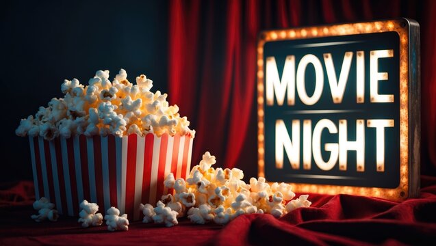 Vintage movie night scene featuring popcorn and snacks
