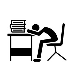 Exhausted Student Leaning On Desk With Books Black And White Icon