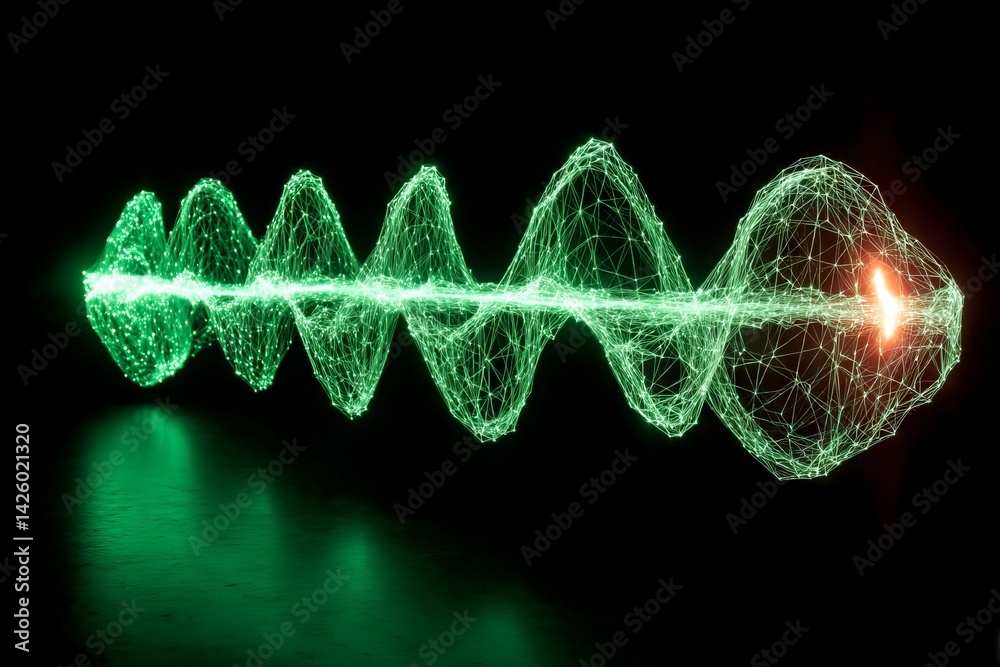 Poster Digital representation of a green waveform illustrating sound frequencies in a dark studio environment