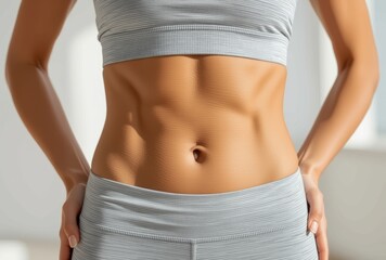 Close-up of woman showcasing flat stomach, toned abs, wearing gray sports bra, skirt. Concept of fitness, healthy diet, emphasizing flat stomach and body confidence.