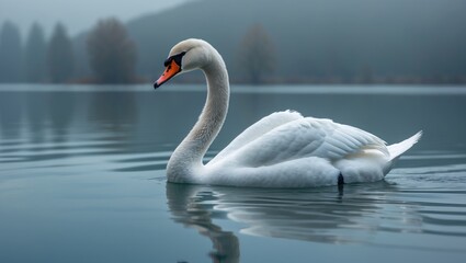 Fototapeta premium Close-up side view of a white swan on a blue lake