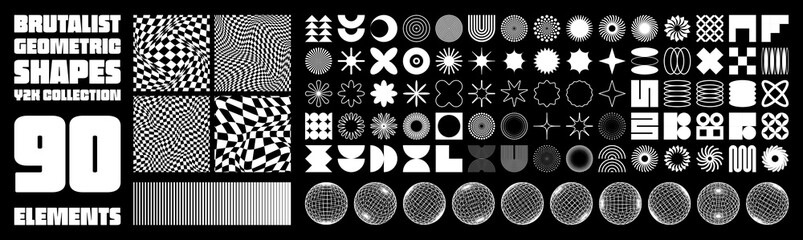 Brutalist geometric shapes, modern symbols. Groovy checkered pattern, distorted tiled grid. Simple elements, forms. Retro design, trendy contemporary minimalist style, y2k. Vector illustration