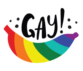 Fototapeta premium Doodle style text with colorful pride flag banana. A poster, a badge or a sticker for self acceptance. Hand drawn isolated vector illustration.