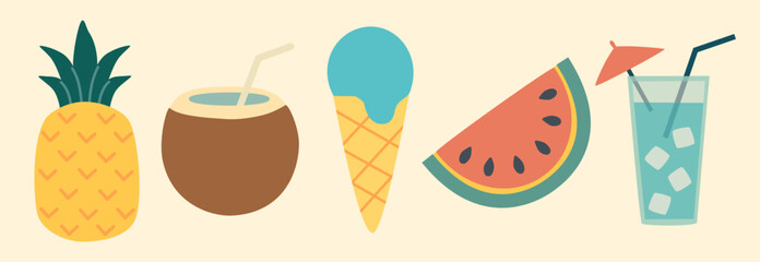Summer food and drink icons set. Summer vector illustration with tropical fruits, refreshing drinks. Flat vector. Pineapple, coconut, ice cream, watermelon. For menu design, posters, advertising.