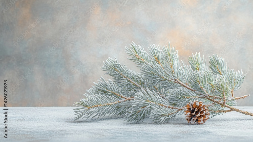 Poster a christmas tree branch adorned with natural pinecones rests against a softly blurred snowy backdrop