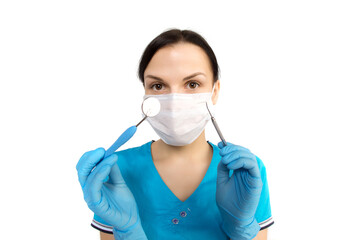 Dentist with tools. Concept of dentistry, whitening, oral hygiene, teeth cleaning with toothbrush, floss. Dentistry, taking care of a beautiful and healthy smile. Dental tooth care clinic. Stomatology