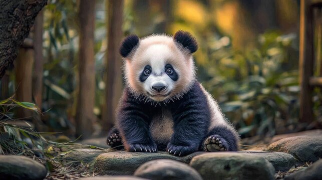 Cute panda cub sitting, bamboo forest background, wildlife sanctuary, adorable animal