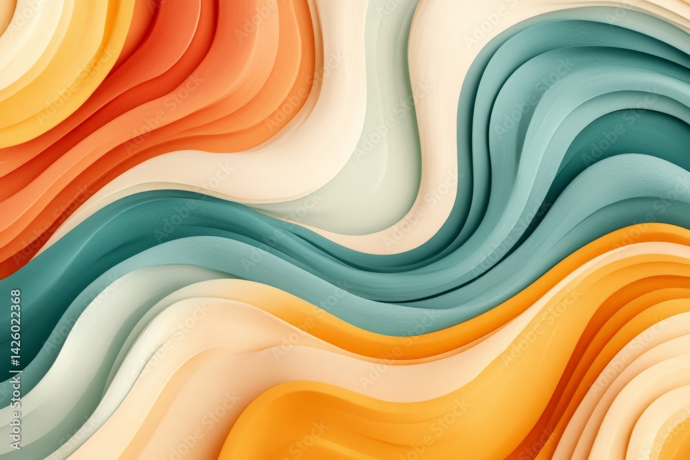 Poster Colorful waves of abstract patterns create depth and movement in a vibrant design, showcasing smooth curves and soft tones