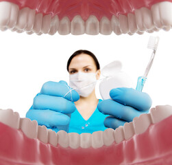Dentist with tools. Concept of dentistry, whitening, oral hygiene, teeth cleaning with toothbrush, floss. Dentistry, taking care of a beautiful and healthy smile. Dental tooth care clinic. Stomatology