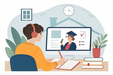 Fototapeta premium Person attending an online course, watching a webinar or digital lesson on a screen. A representation of e-learning and remote education. (People)