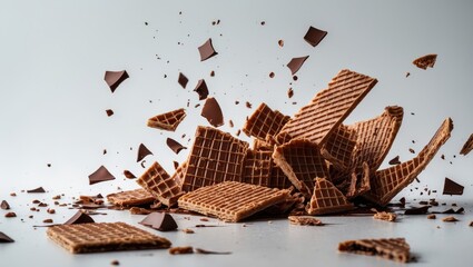 Chocolate Wafers Exploding into Pieces with a Splash of Cocoa