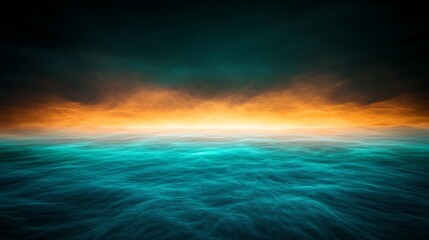 Obraz premium A surreal floating island glows softly in green and blue, surrounded by clouds and bathed in golden light, creating an enchanting atmosphere