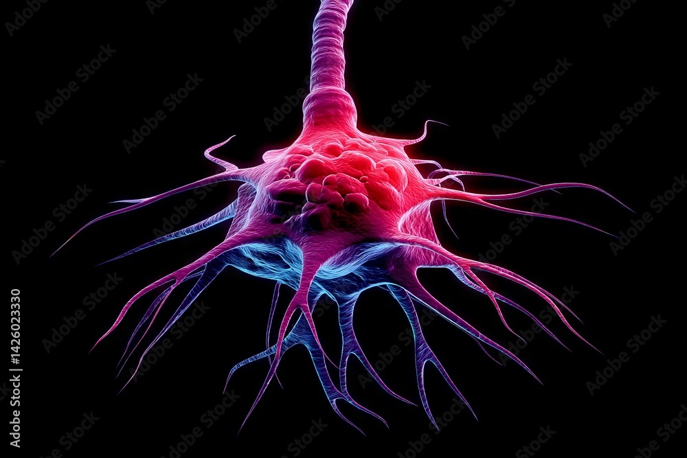 Poster exciting visualization of a neuron with vibrant colors showcasing intricate details of its structure