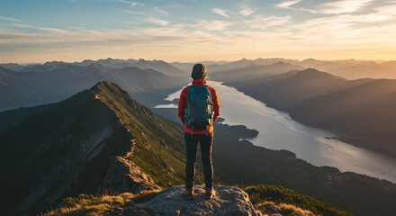 Fototapeta premium Backpacker Gazing Over Serene Mountain Lake at Sunrise, Alaska Landscape, Outdoor Adventure, Hiking Trip, Nature Photography, Travel Destination, Golden Hour