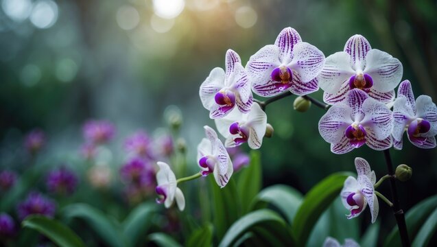 Vivid White and Purple Dotted Vanda Orchid Blossoms in a Floral Garden