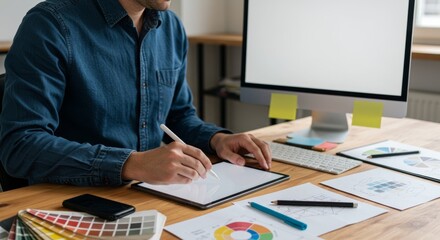 A graphic designer working at a desk using a digital tablet and stylus, showcasing creative process.