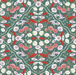  A Colorful Field of Blooming Dianthus Flowers. Vector illustration of a seamless pattern 	