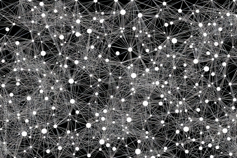 Poster Visualization of complex network structure with interconnected nodes and lines showcasing data flow in a digital environment