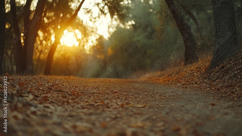 Aufkleber A tranquil forest path appears inviting, as golden light diffuses through the trees and illuminates leaves in shades of red and gold during autumn