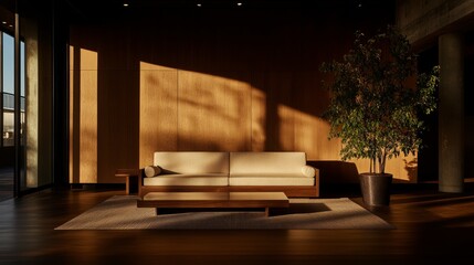 This inviting living room features a wooden couch with beige cushions, a low coffee table, and a tall potted plant, all bathed in warm ambient light