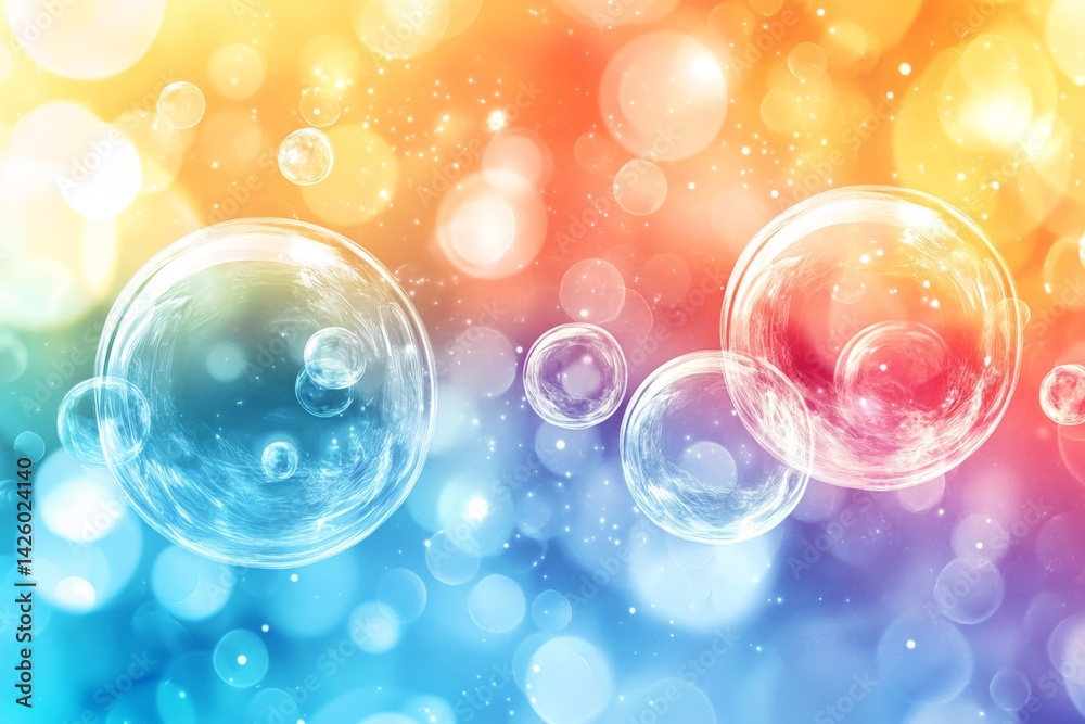 Poster colorful bubbles floating in a vibrant background with a mix of warm and cool tones