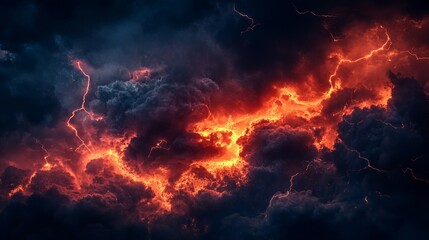Fiery Inferno Dramatic Storm Clouds Intense Lightning Bolts Epic Nature Dark Sky Powerful Thunderstorm Apocalyptic Orange Red Black Energy Weather Phenomenon Atmospheric Digital Art Abstract          